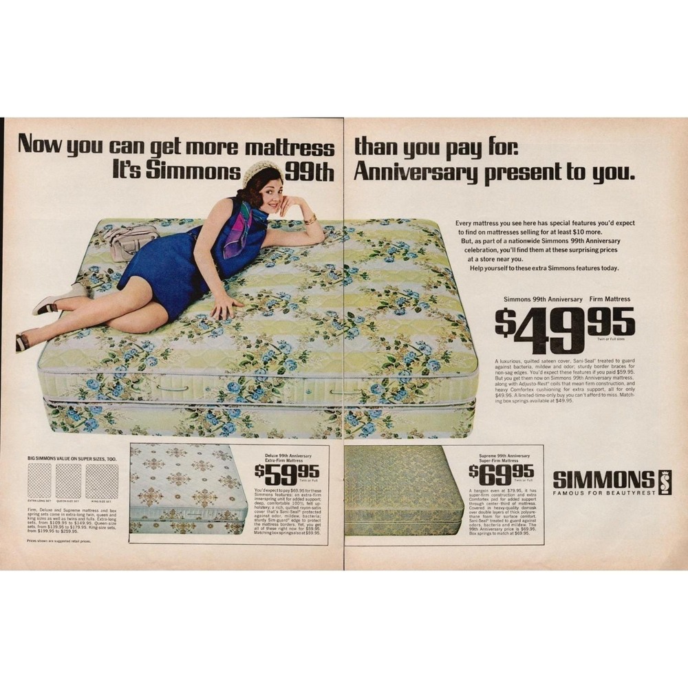 1969 Simmons Vintage Print Ad Mid Century Modern Bedroom Furniture Anniversary